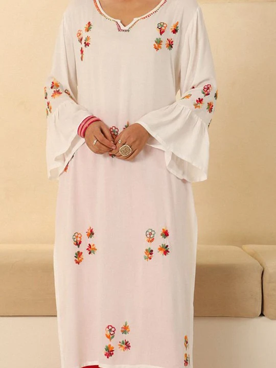 HOC Rayon Chikankari Solid Women's long kurta - White - Image 3