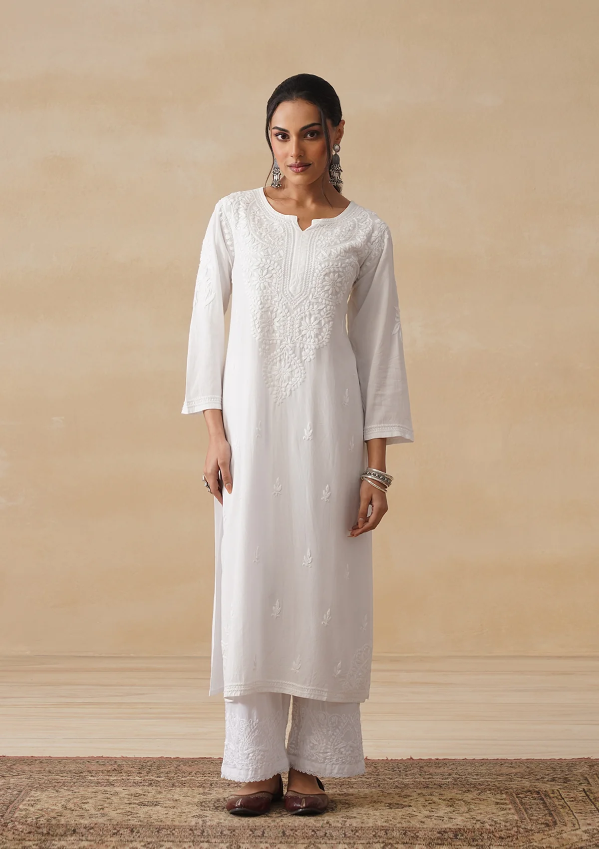 HOC Rayon Chikankari Solid Women's Long Kurta - White