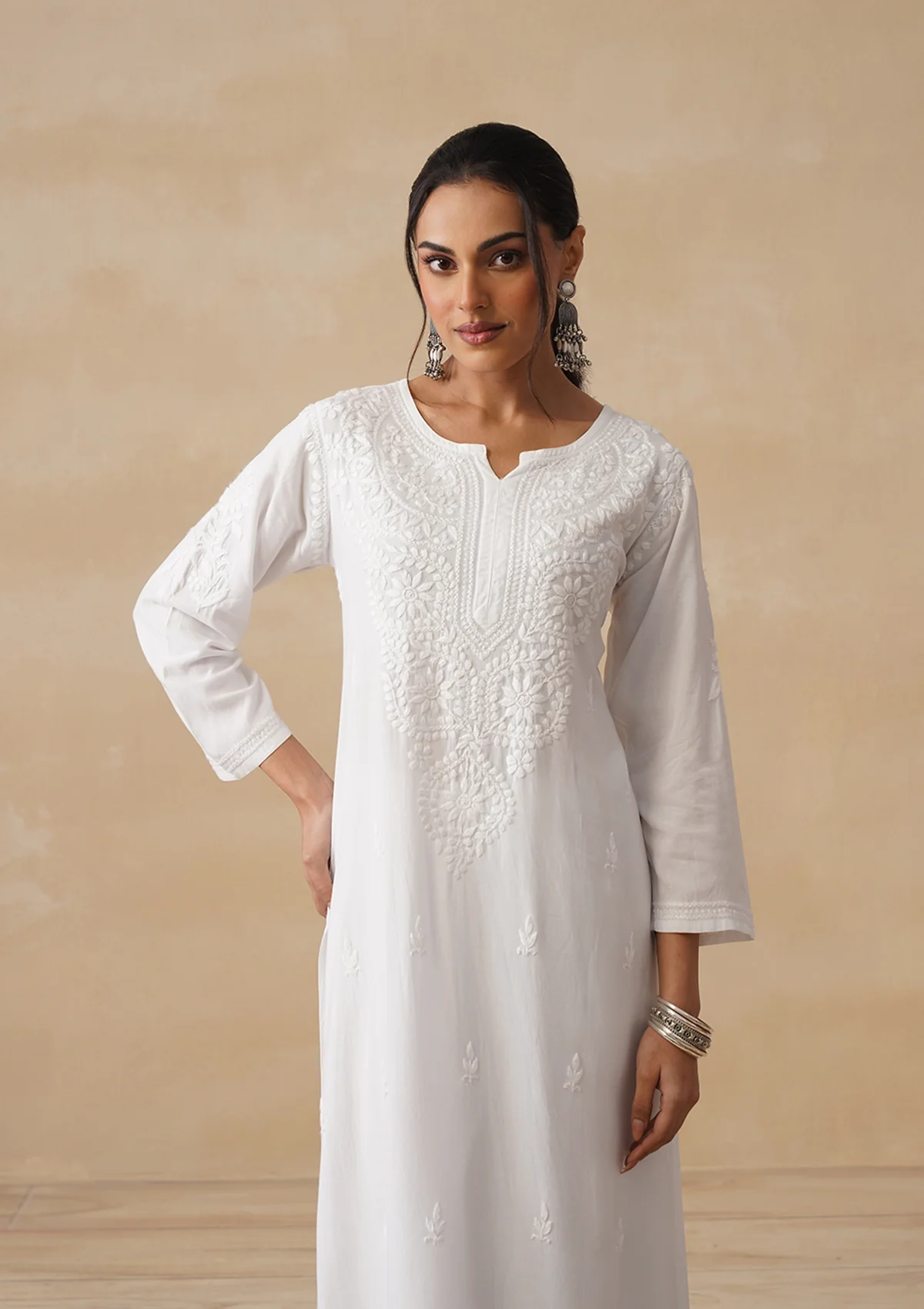 HOC Rayon Chikankari Solid Women's Long Kurta - White - Image 2