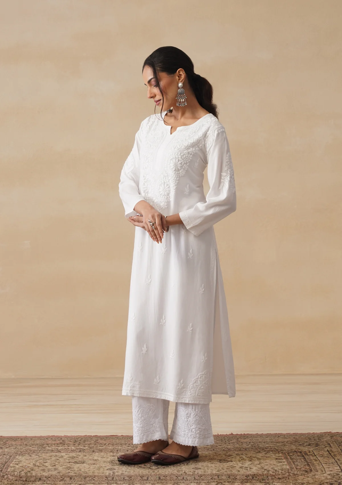 HOC Rayon Chikankari Solid Women's Long Kurta - White - Image 5