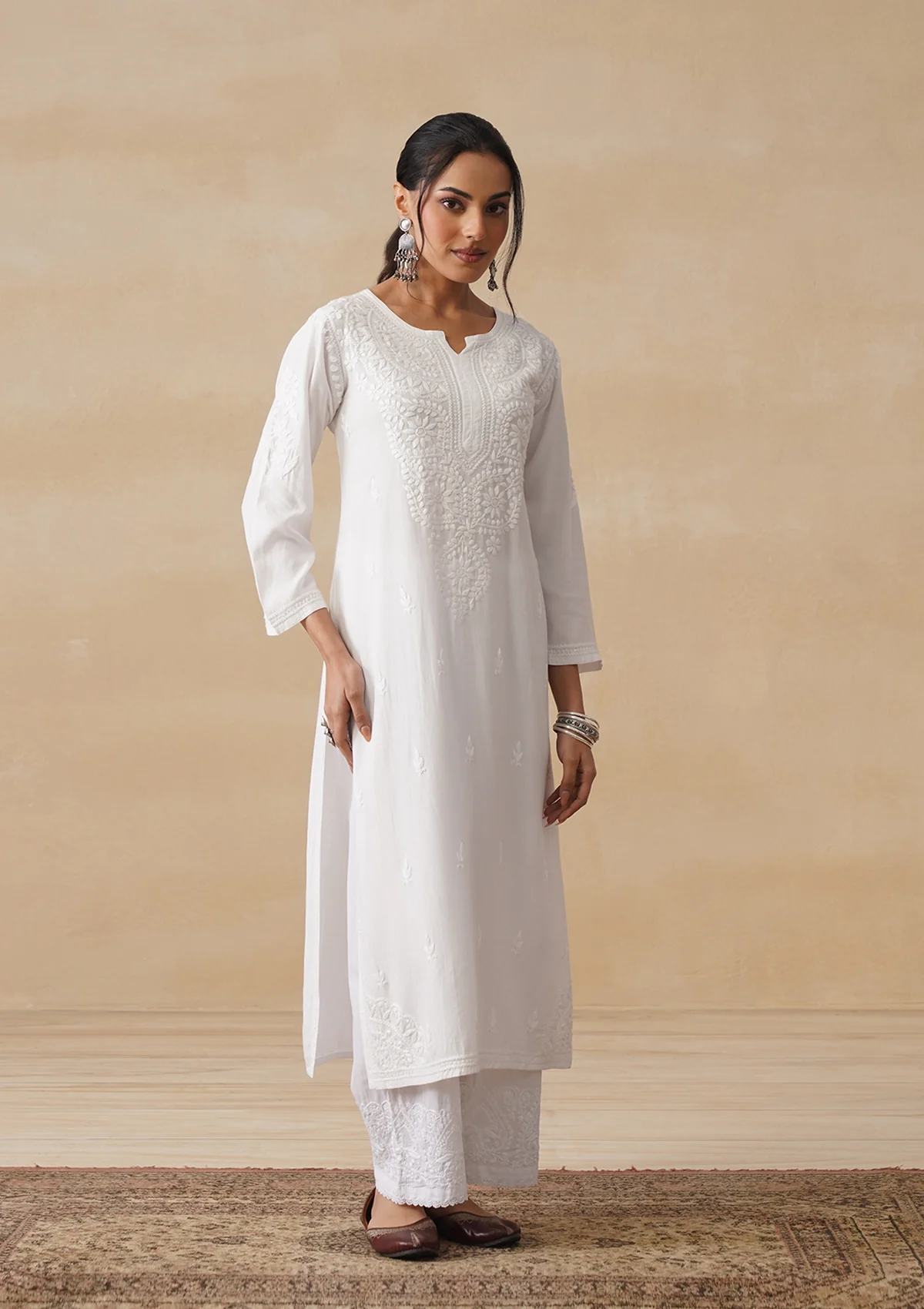 HOC Rayon Chikankari Solid Women's Long Kurta - White - Image 6