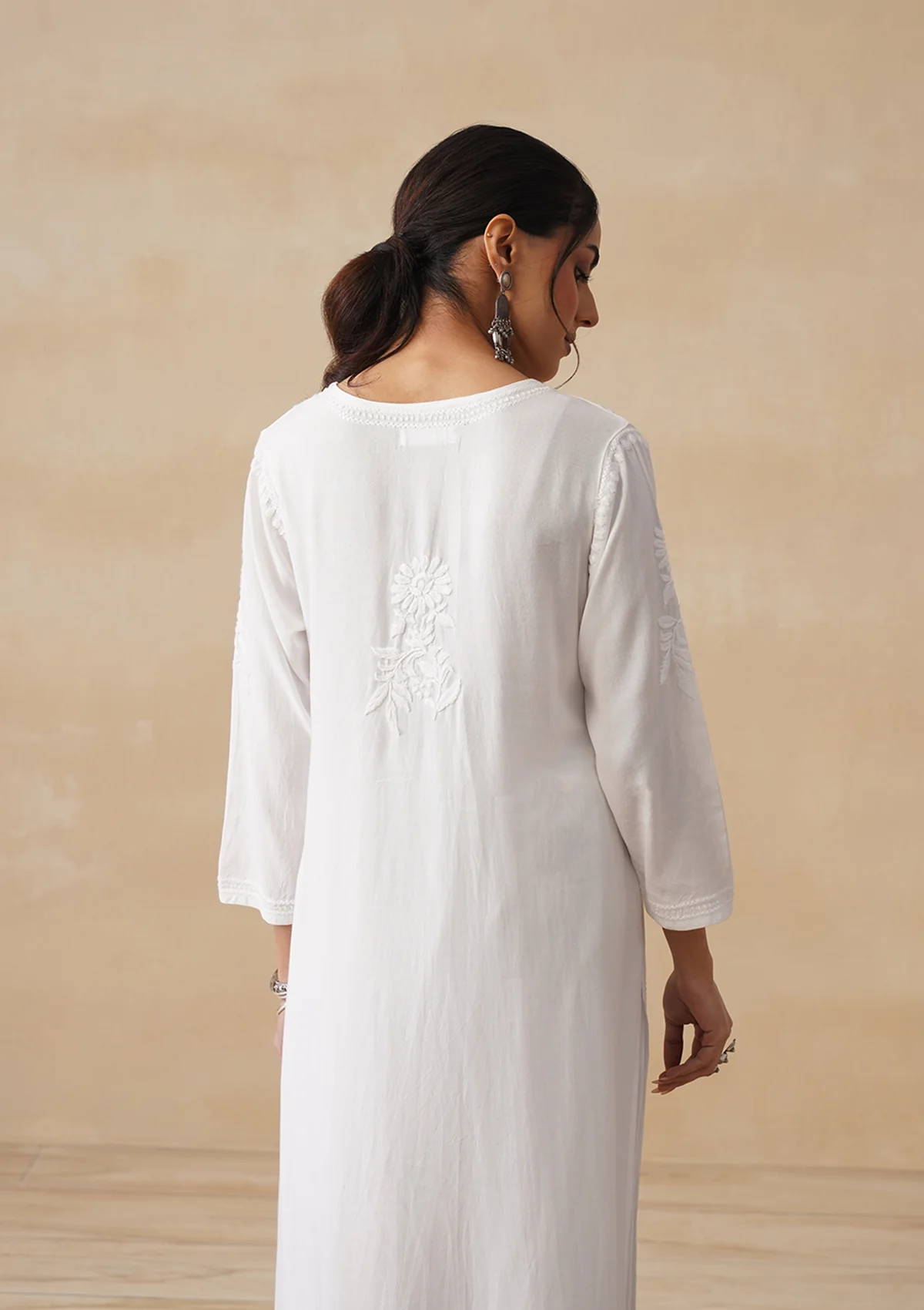 HOC Rayon Chikankari Solid Women's Long Kurta - White - Image 9