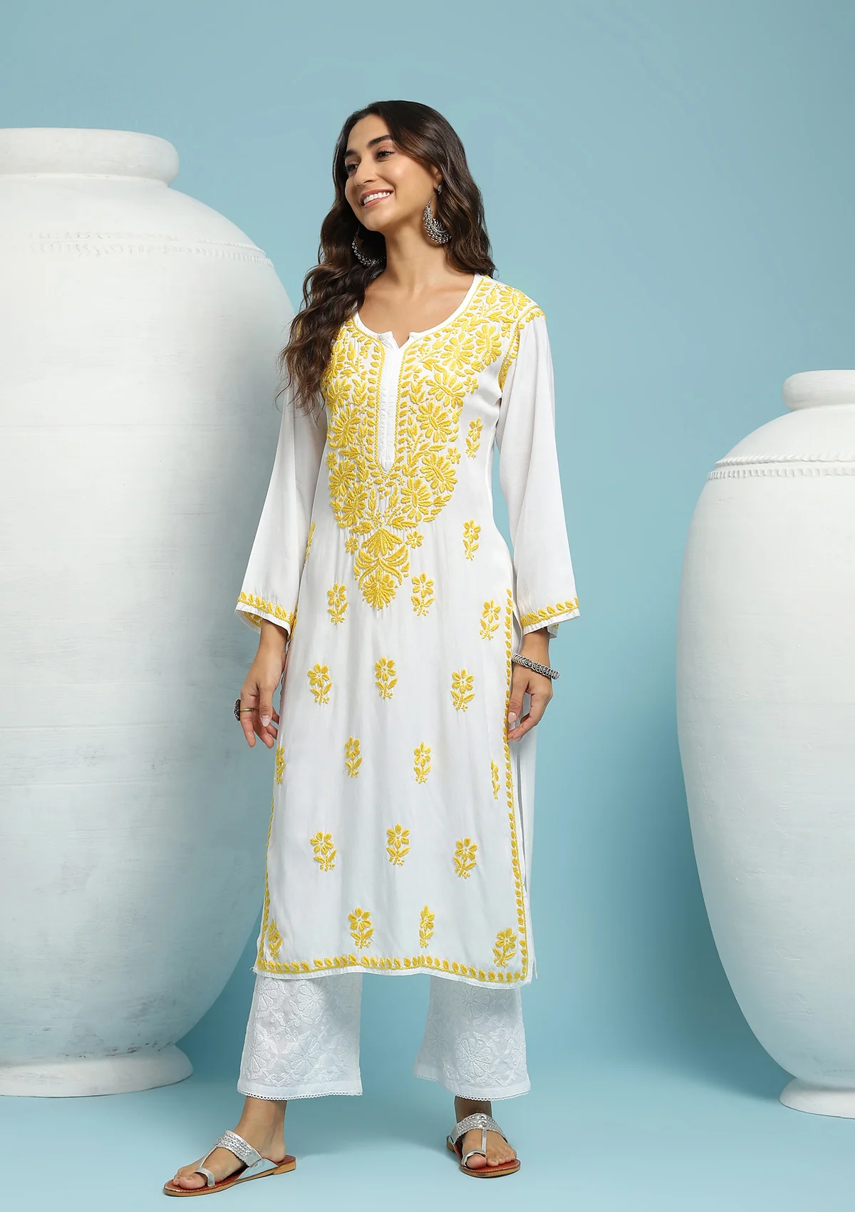 Rayon Chikankari Solid Women's Long Kurta - White - Image 2