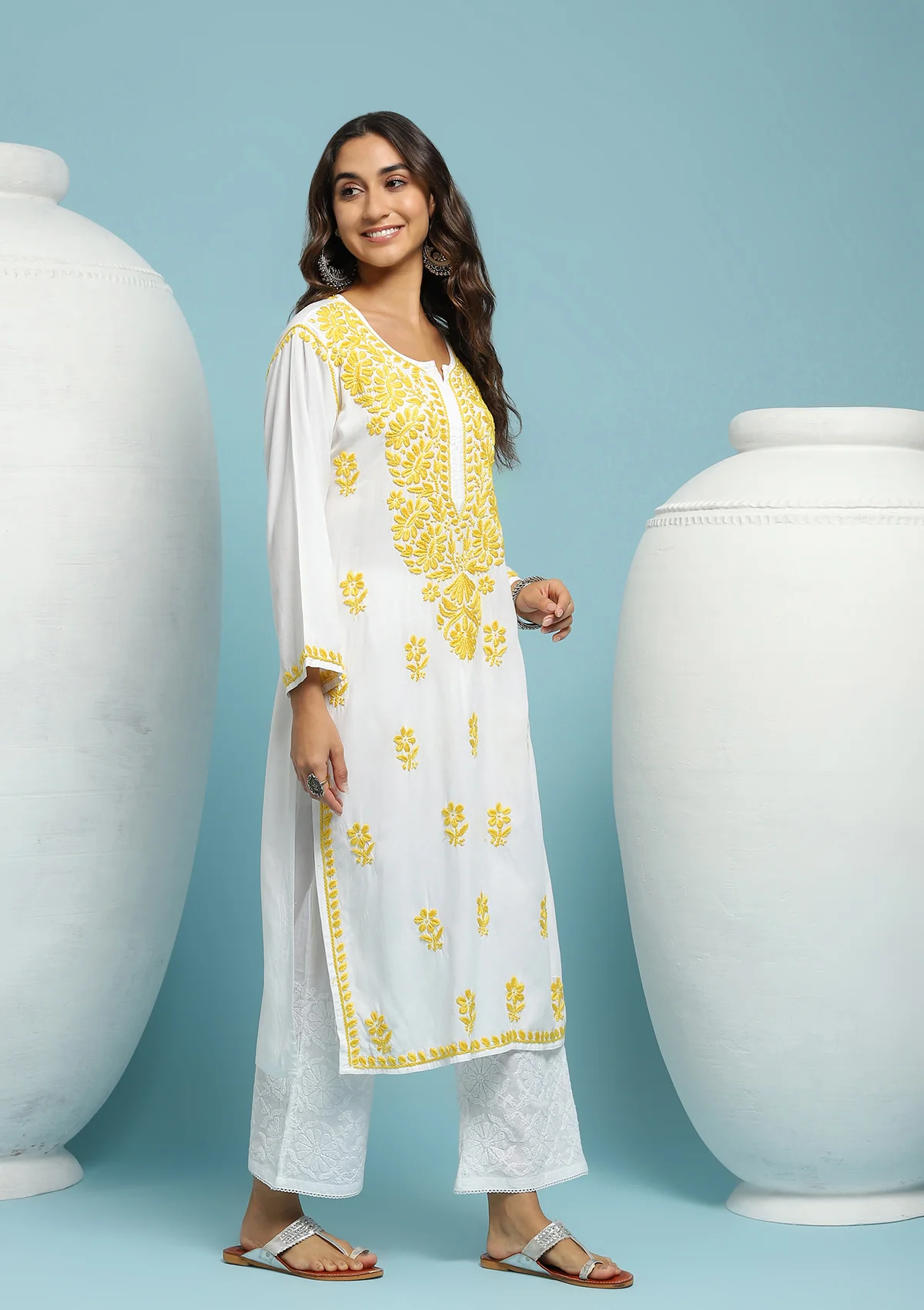 Rayon Chikankari Solid Women's Long Kurta - White - Image 4