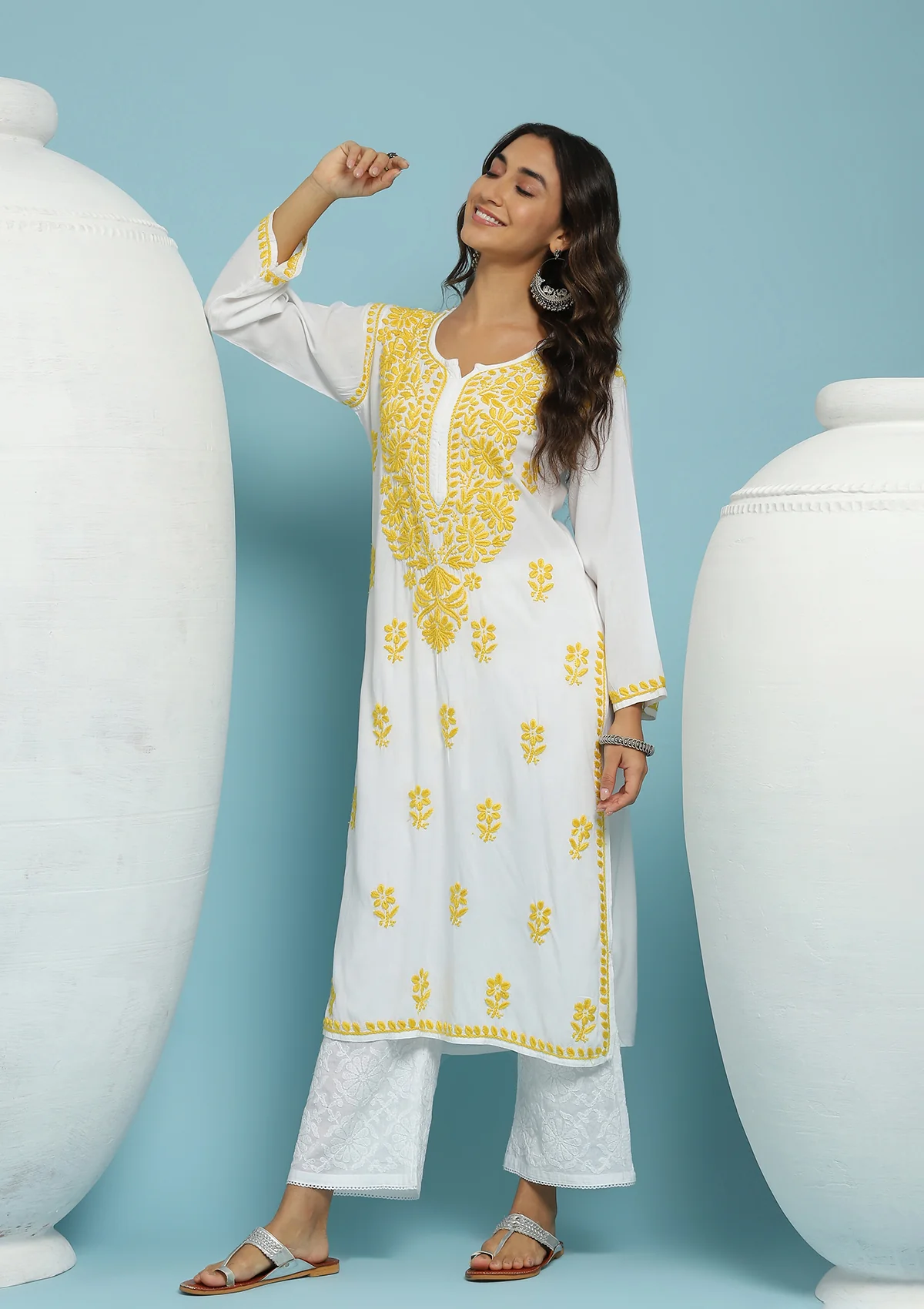 Rayon Chikankari Solid Women's Long Kurta - White - Image 5