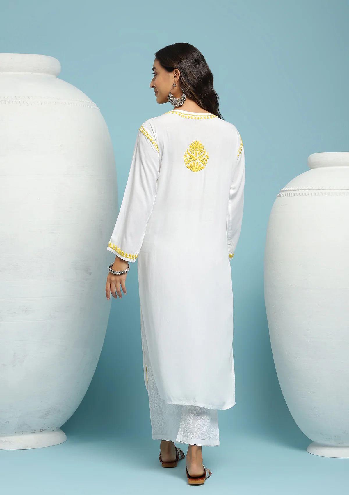Rayon Chikankari Solid Women's Long Kurta - White - Image 6