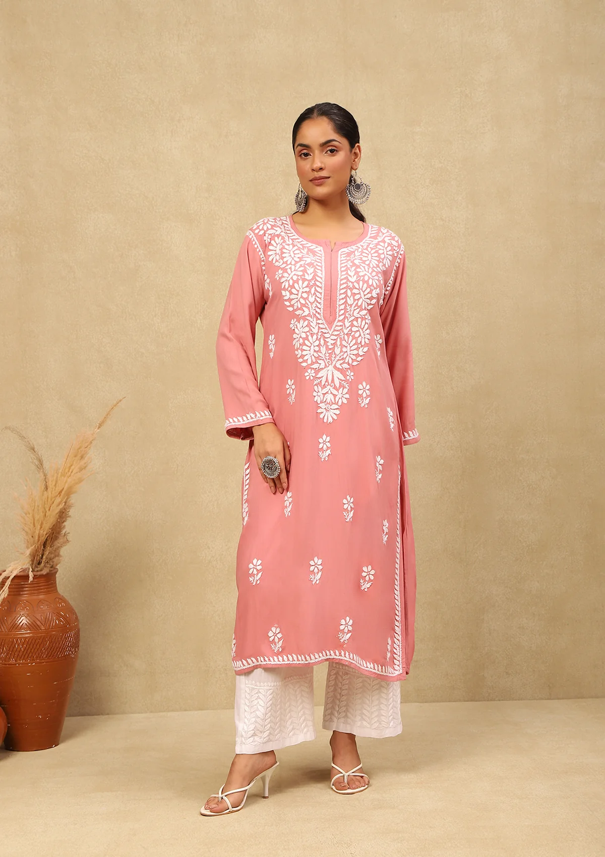 HOC Rayon Chikankari Solid Women's Long Kurta -Dust Pink