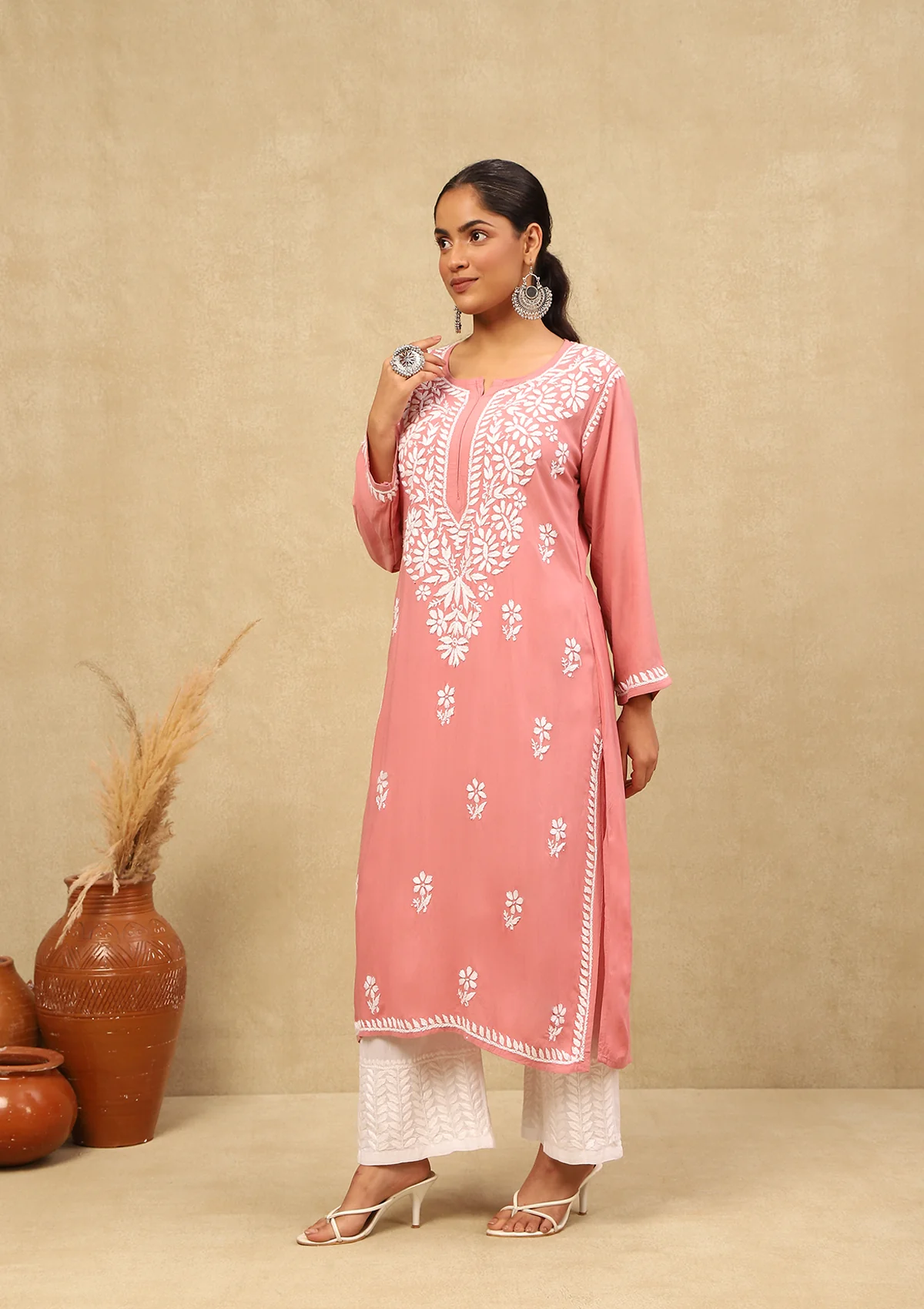 HOC Rayon Chikankari Solid Women's Long Kurta -Dust Pink - Image 3