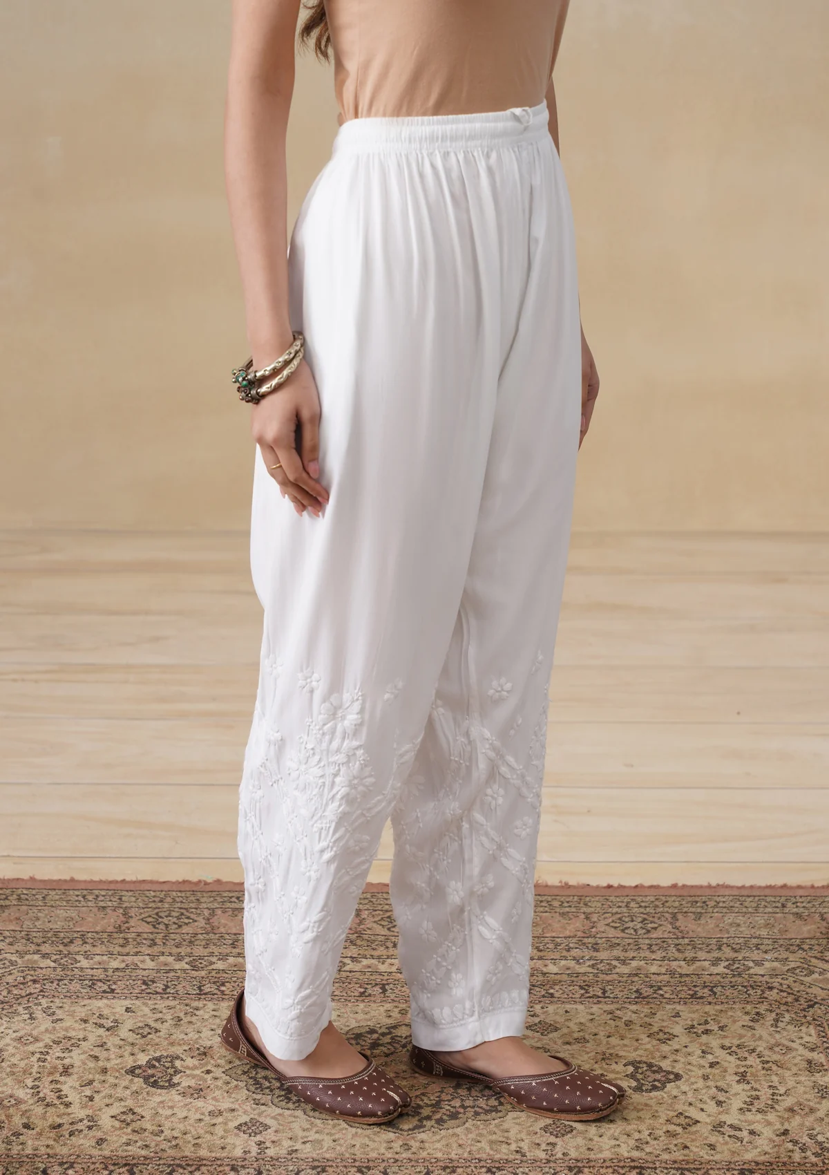 HOC Rayon Chikankari Solid Women's Pant - White - Image 2