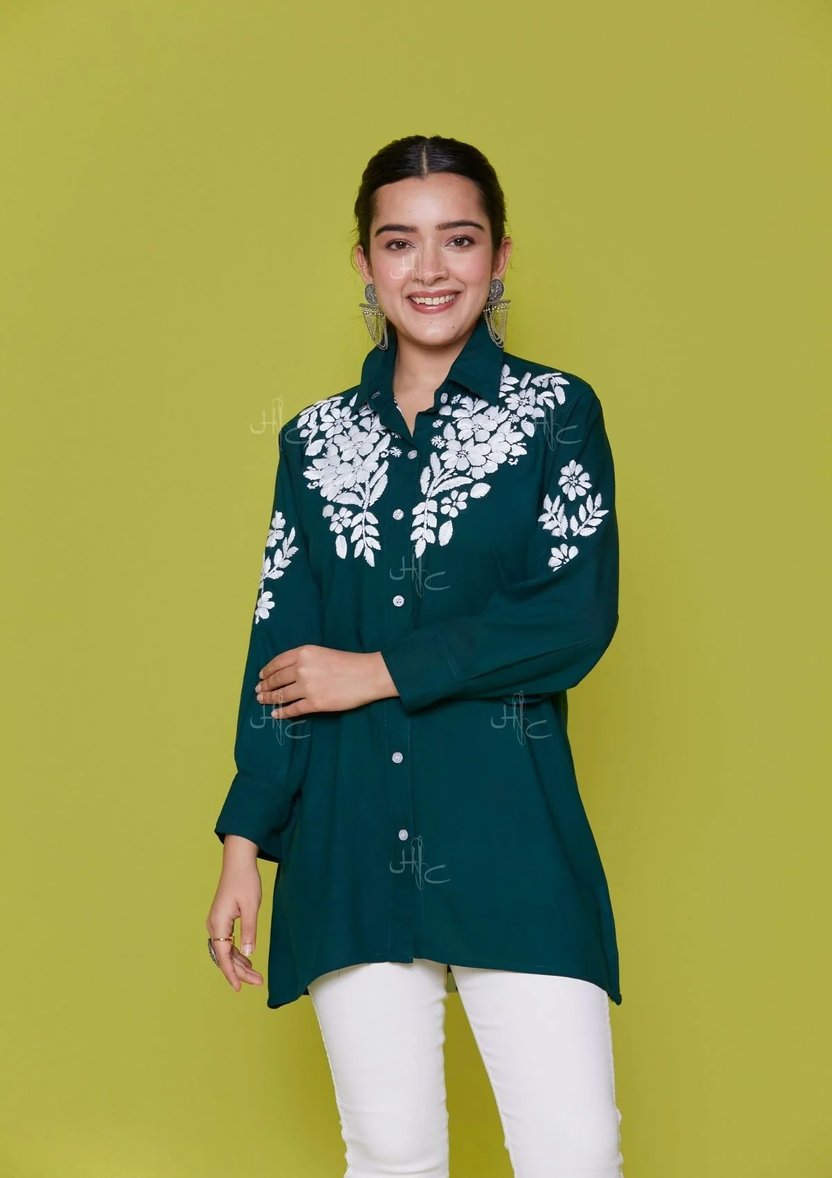 HOC Rayon Chikankari Solid Women's Shirt - Green - Image 5