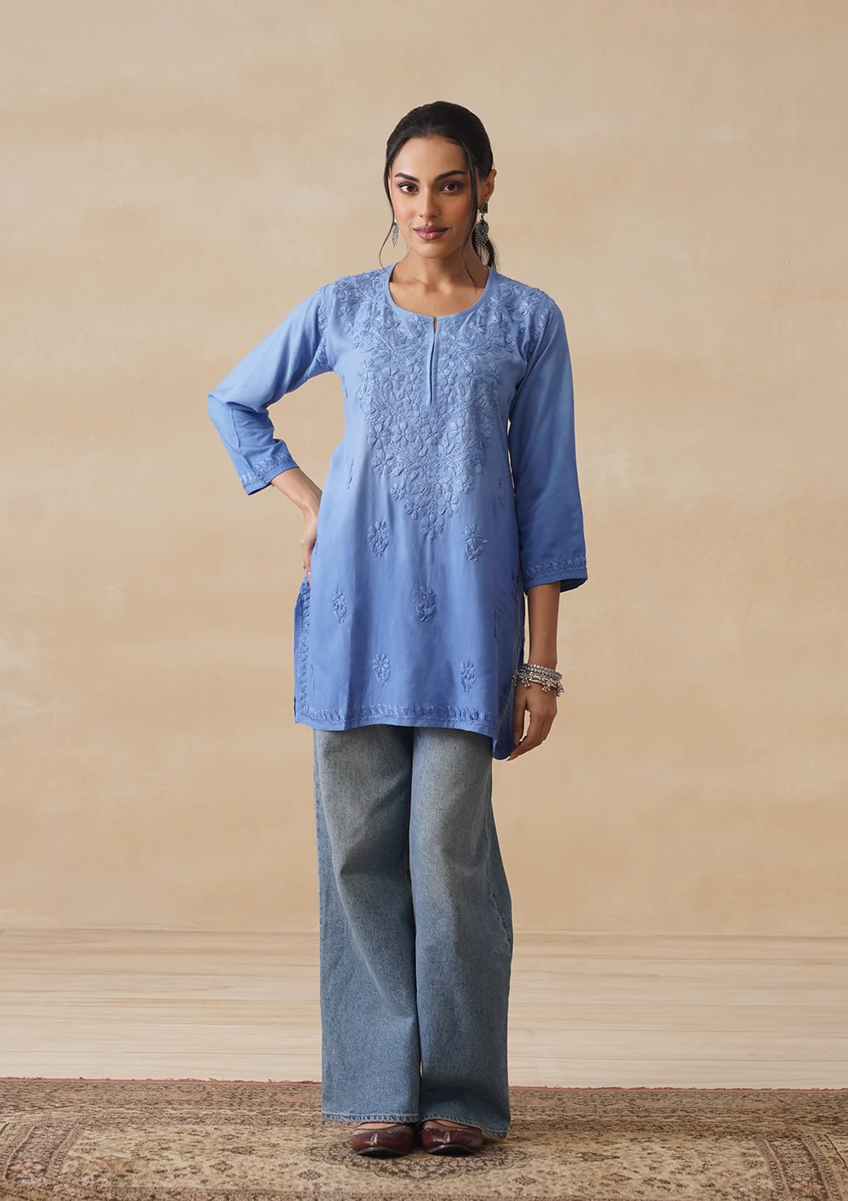 HOC Rayon Chikankari Solid Women's Short Kurta - Blue - Image 4