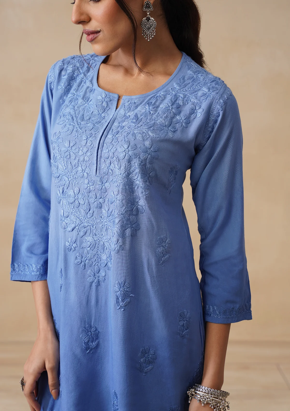 HOC Rayon Chikankari Solid Women's Short Kurta - Blue - Image 5