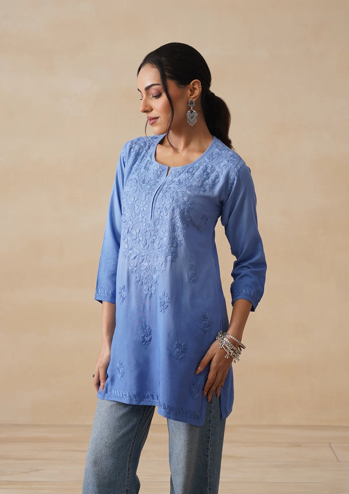 HOC Rayon Chikankari Solid Women's Short Kurta - Blue - Image 6
