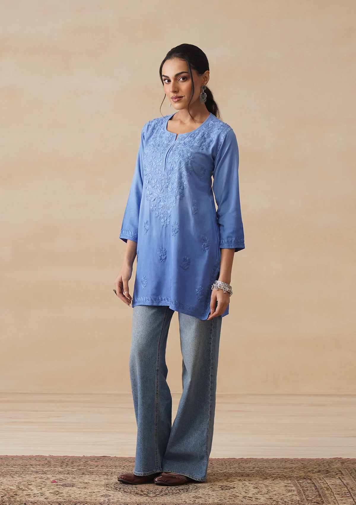 HOC Rayon Chikankari Solid Women's Short Kurta - Blue - Image 7