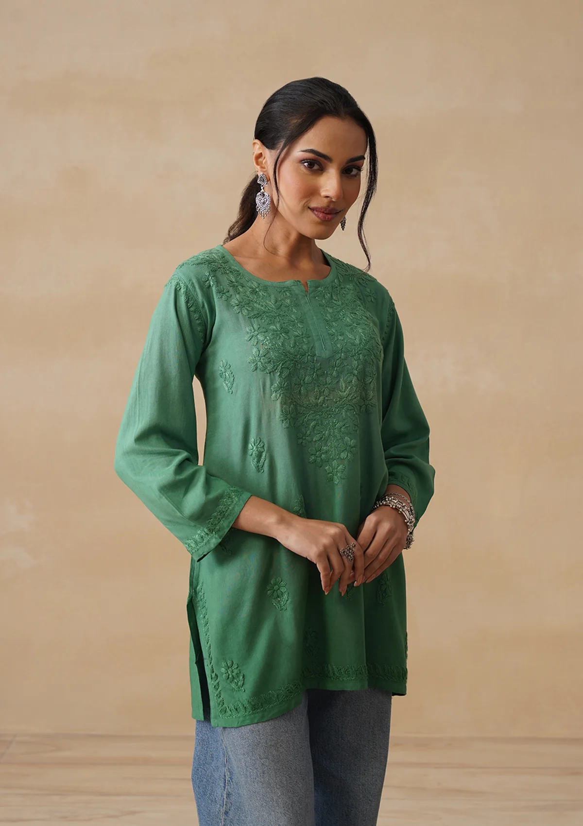 HOC Rayon Chikankari Solid Women's Short Kurta - Green - Image 2