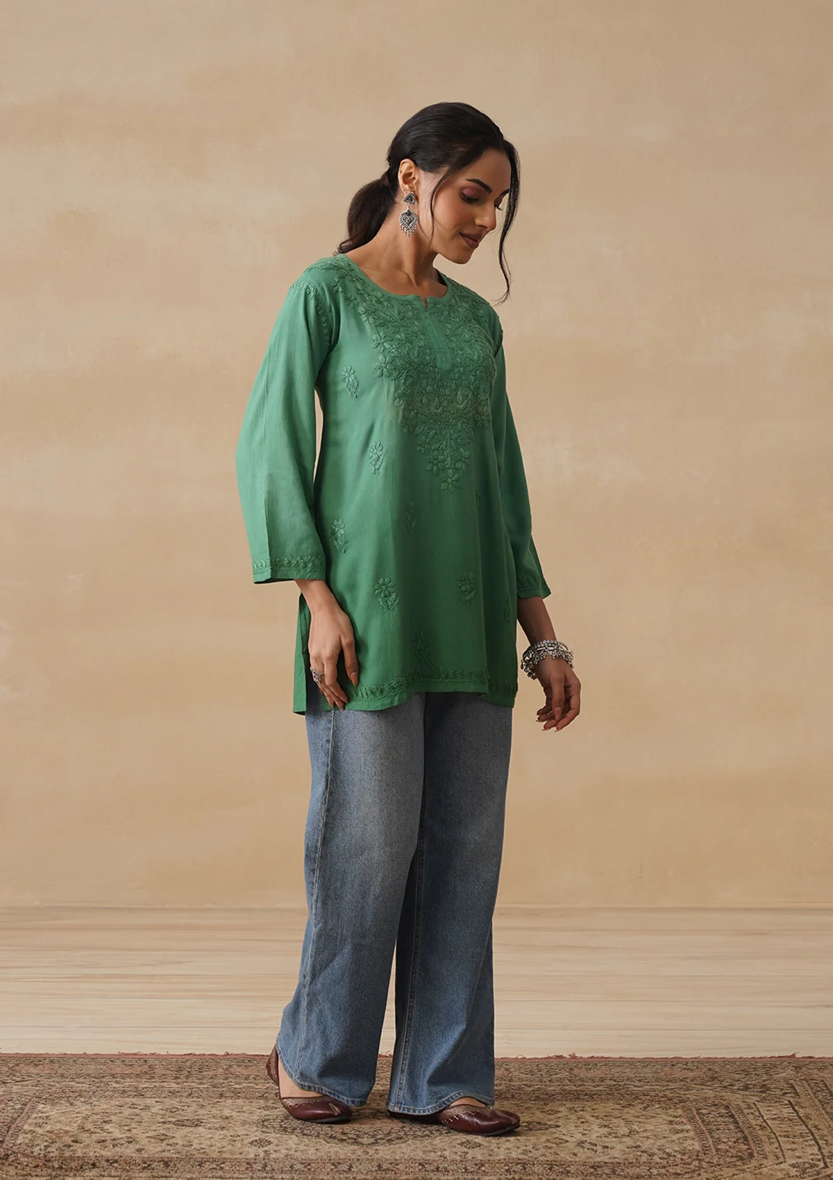 HOC Rayon Chikankari Solid Women's Short Kurta - Green - Image 5