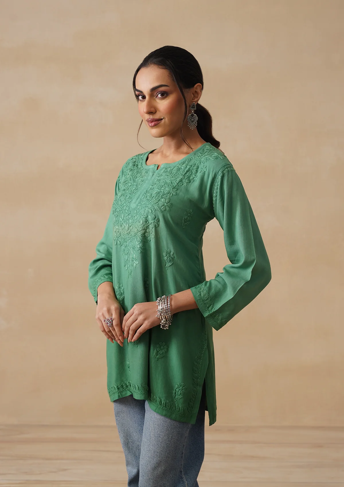 HOC Rayon Chikankari Solid Women's Short Kurta - Green - Image 7
