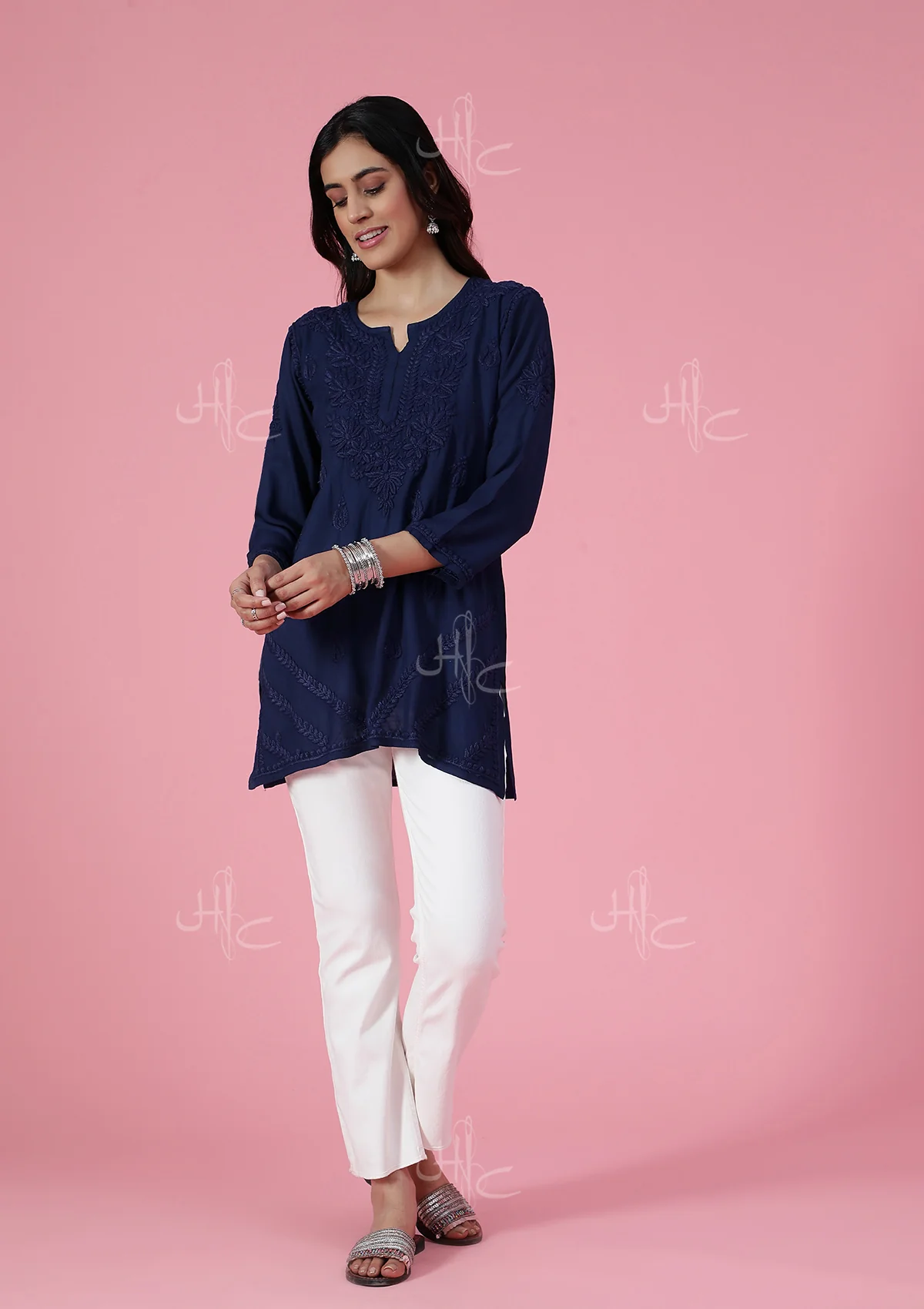 HOC Rayon Chikankari Solid Women's Short Kurta - Navy Blue - Image 3