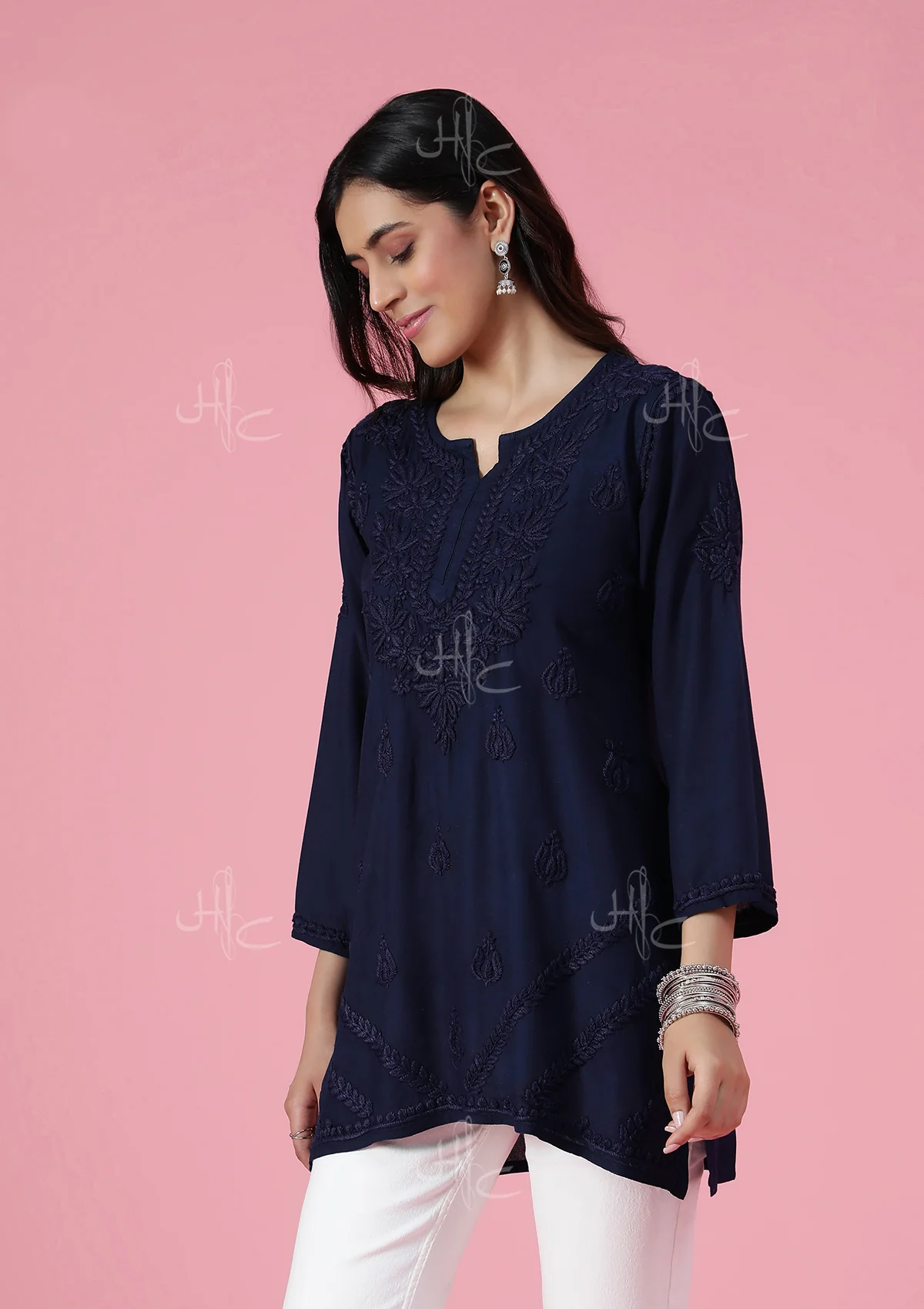 HOC Rayon Chikankari Solid Women's Short Kurta - Navy Blue - Image 4