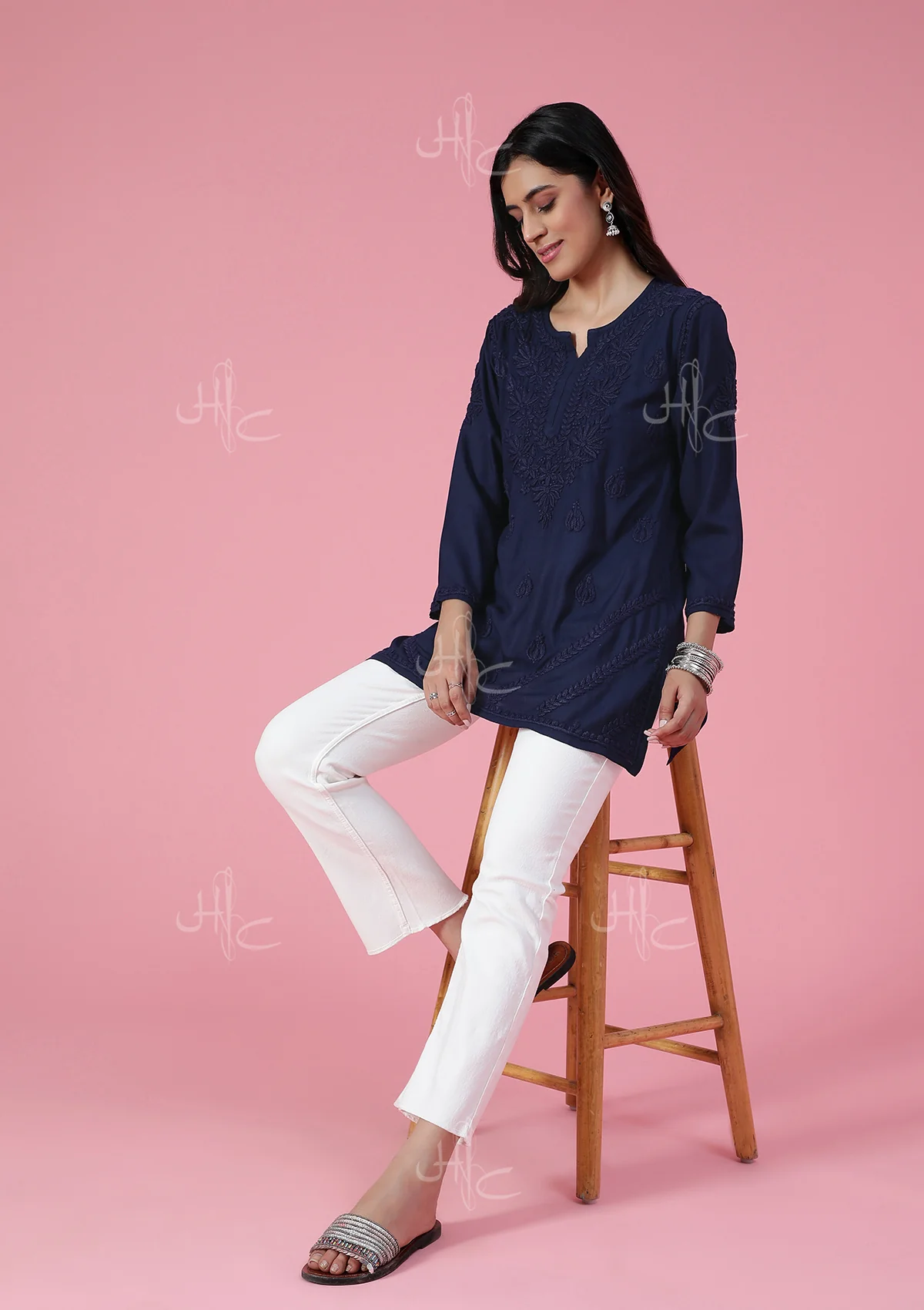 HOC Rayon Chikankari Solid Women's Short Kurta - Navy Blue - Image 5