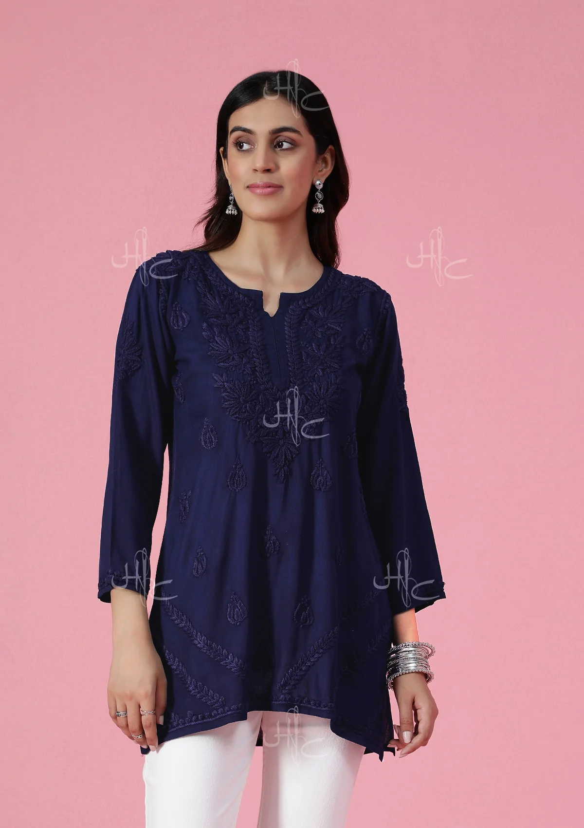 HOC Rayon Chikankari Solid Women's Short Kurta - Navy Blue - Image 6