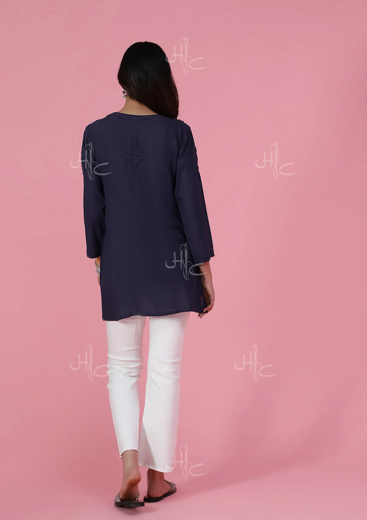 HOC Rayon Chikankari Solid Women's Short Kurta - Navy Blue - Image 7