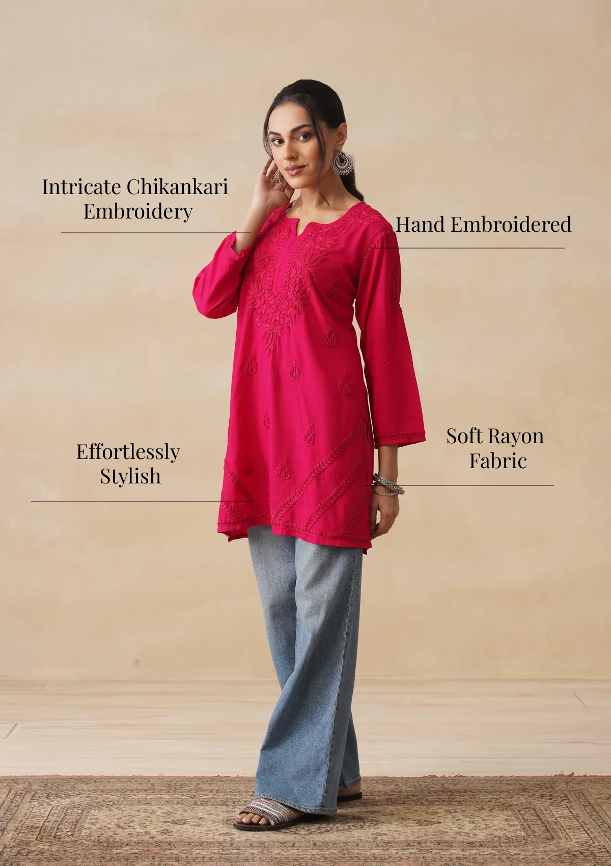 HOC Rayon Chikankari Solid Women's Short Kurta - Pink - Image 9