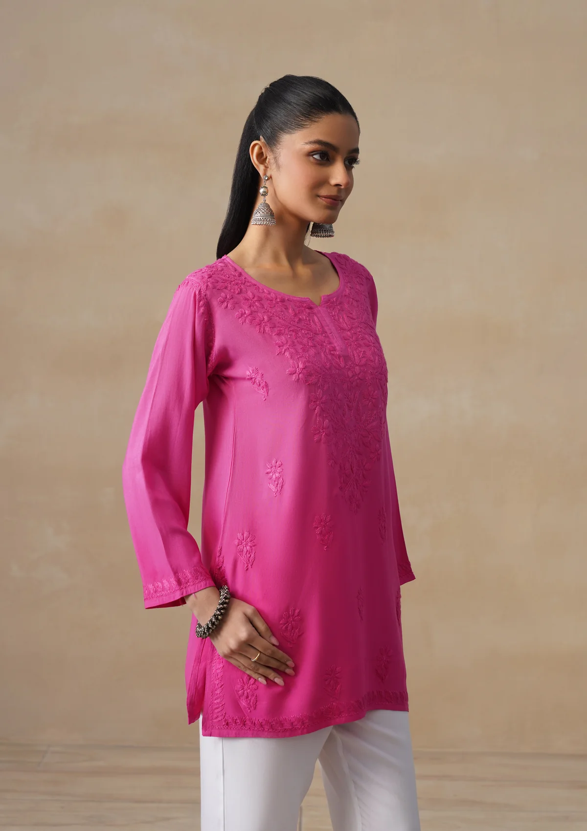 HOC Rayon Chikankari Solid Women's Short Kurta - Pink - Image 6