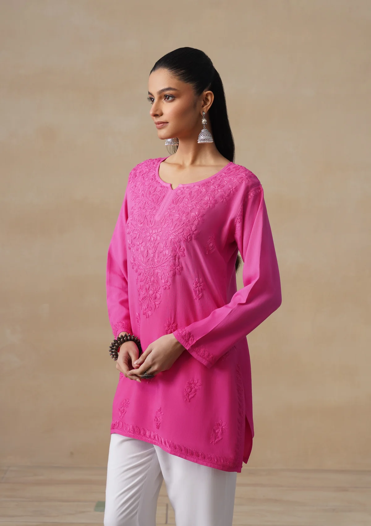 HOC Rayon Chikankari Solid Women's Short Kurta - Pink - Image 7