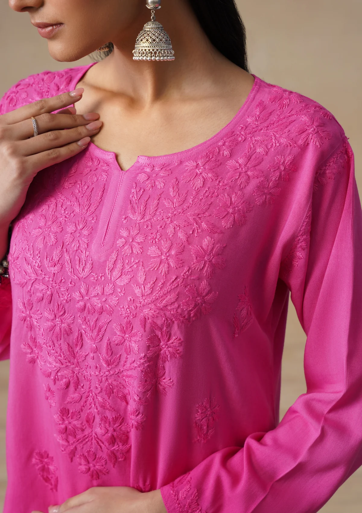 HOC Rayon Chikankari Solid Women's Short Kurta - Pink - Image 8