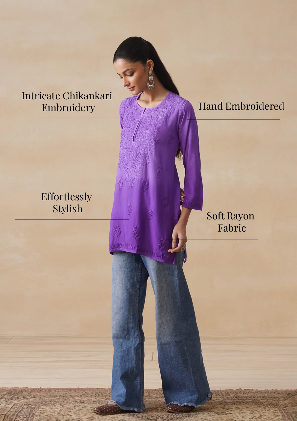 HOC Rayon Chikankari Solid Women's Short Kurta - Purple - Image 10