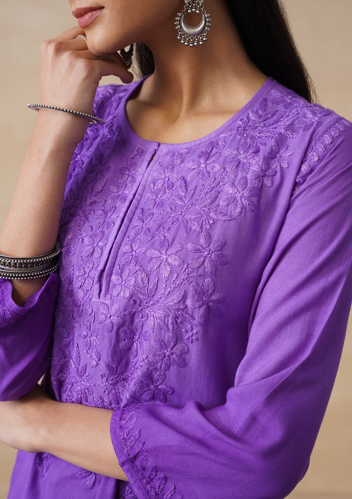 HOC Rayon Chikankari Solid Women's Short Kurta - Purple - Image 4
