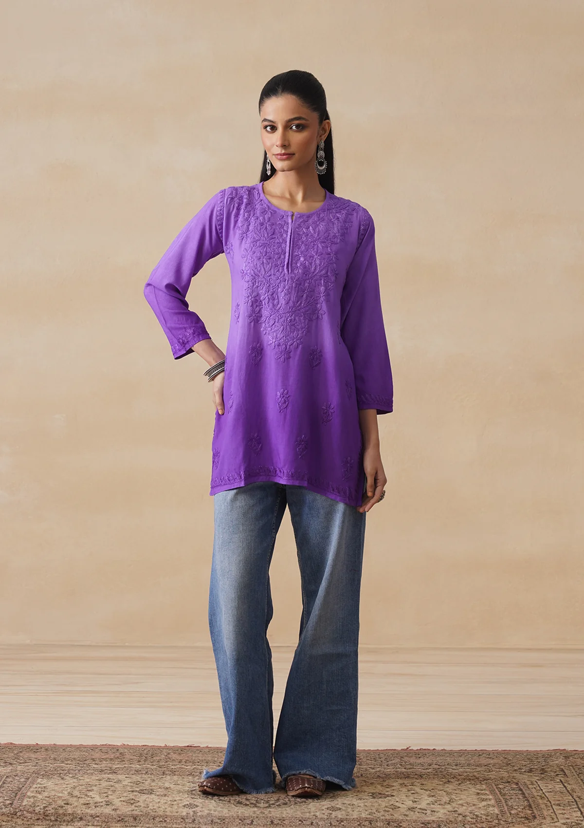 HOC Rayon Chikankari Solid Women's Short Kurta - Purple - Image 6