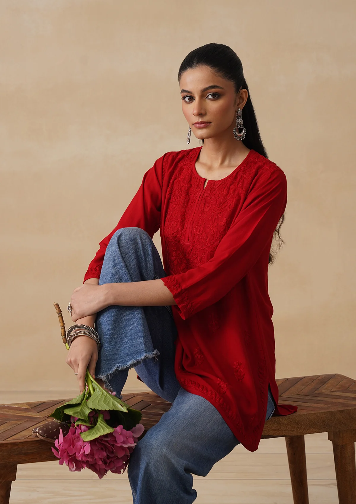 HOC Rayon Chikankari Solid Women's Short Kurta - Red - Image 2