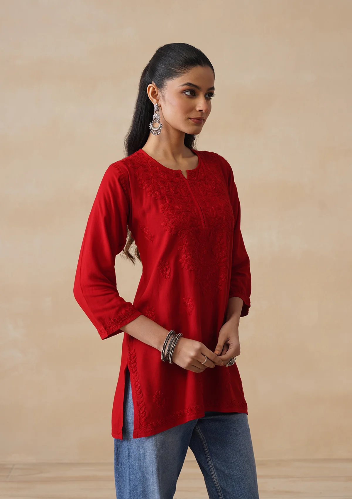 HOC Rayon Chikankari Solid Women's Short Kurta - Red - Image 4
