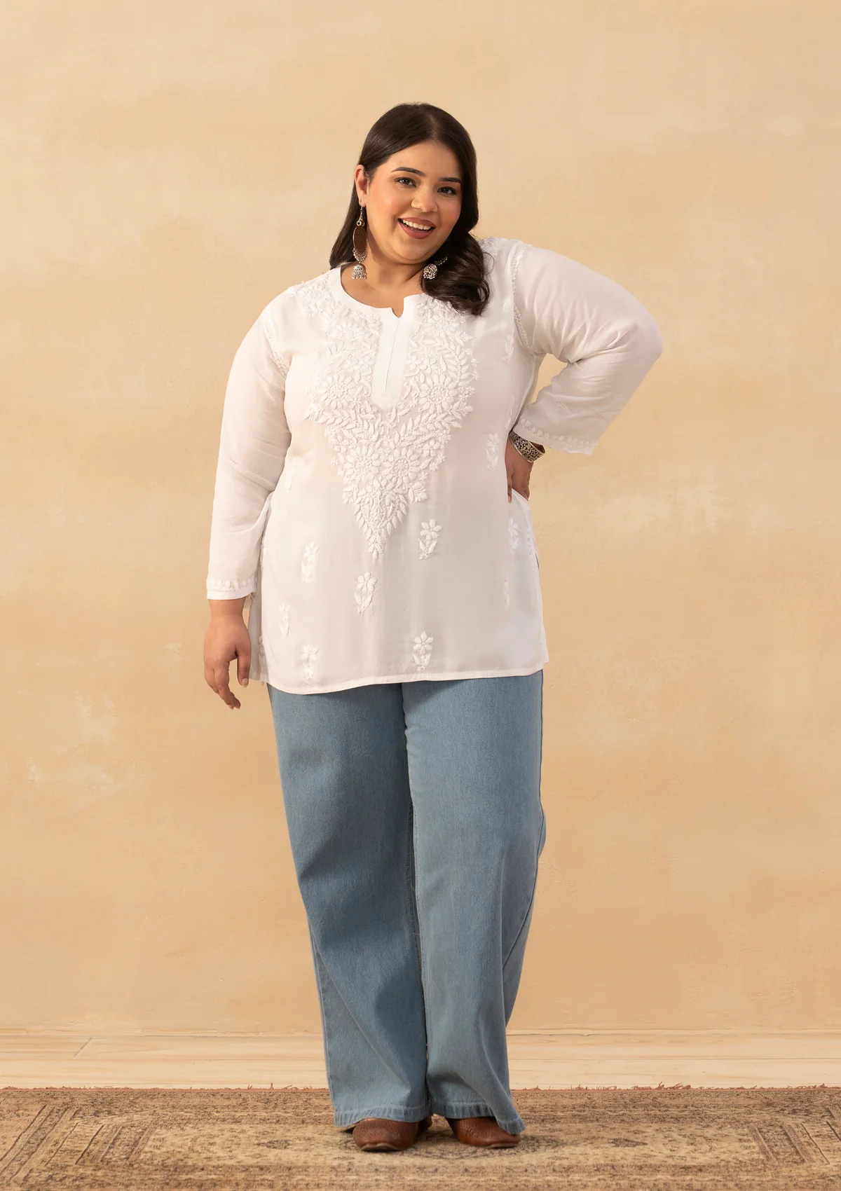 HOC Rayon Chikankari Solid Women's Short Kurta - White - Image 3