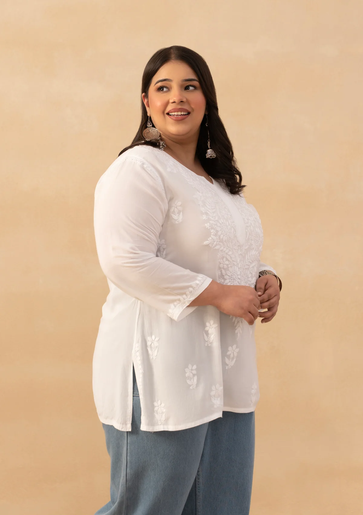 HOC Rayon Chikankari Solid Women's Short Kurta - White - Image 4