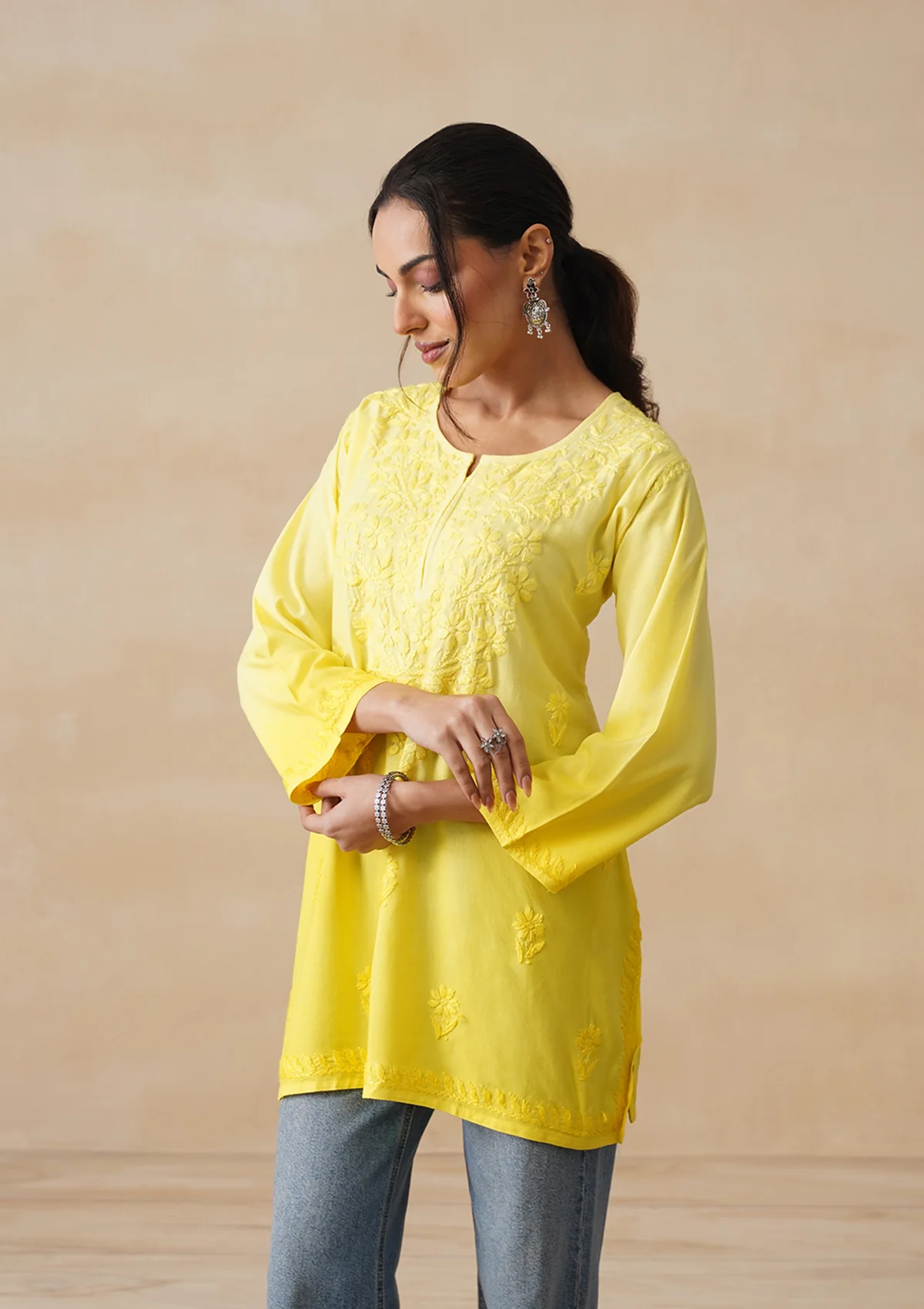 HOC Rayon Chikankari Solid Women's Short Kurta - Yellow - Image 2