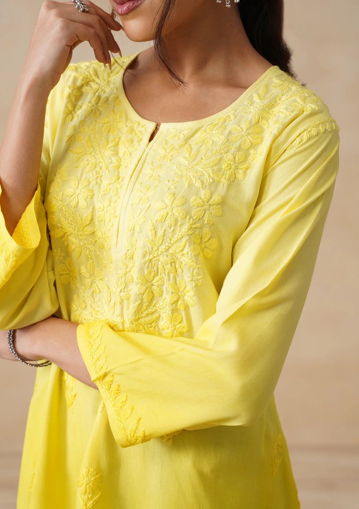 HOC Rayon Chikankari Solid Women's Short Kurta - Yellow - Image 5