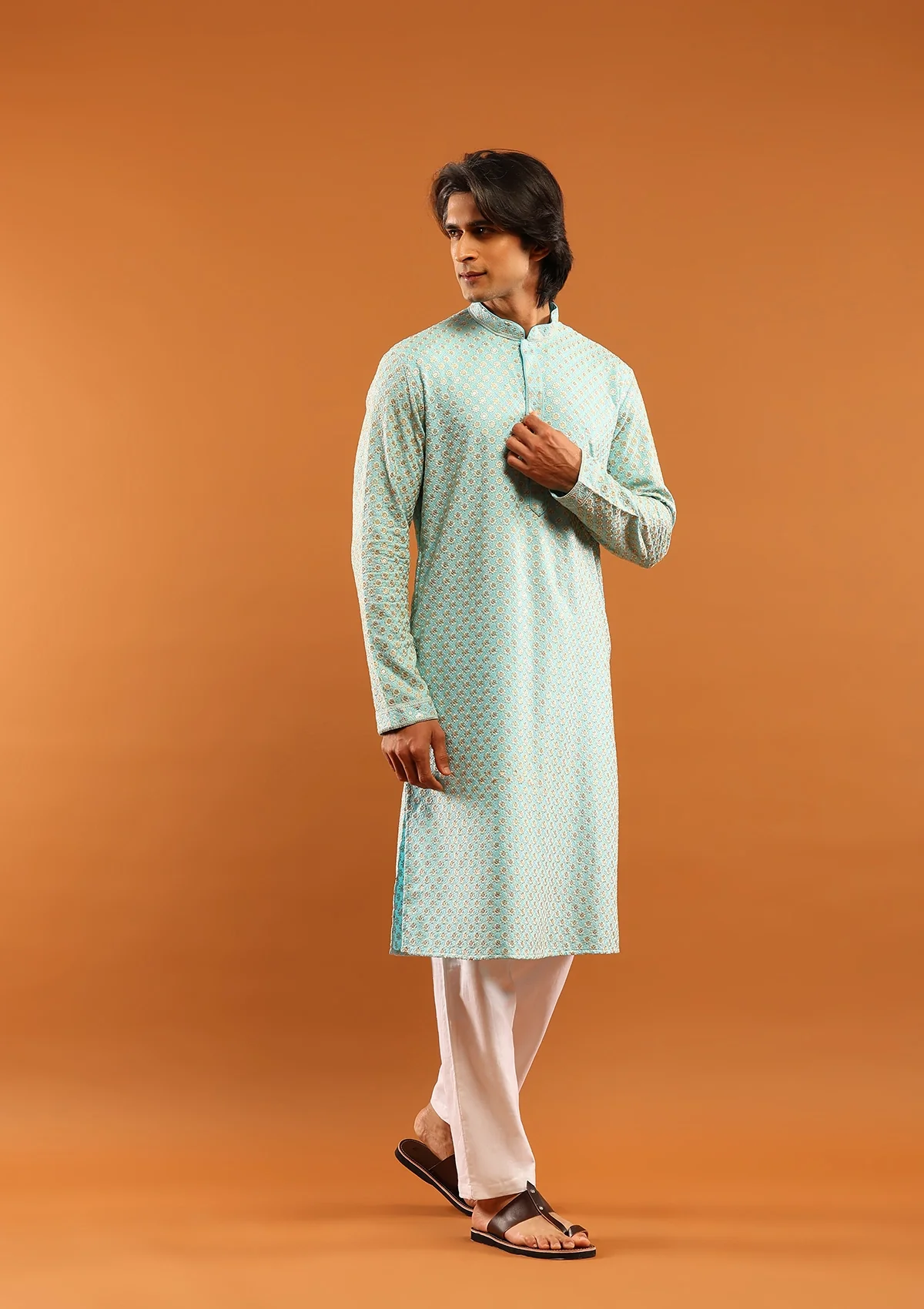 HOC Rayon Embroidered With Sequins Solid Men's Long Kurta- Aqua Blue - Image 3