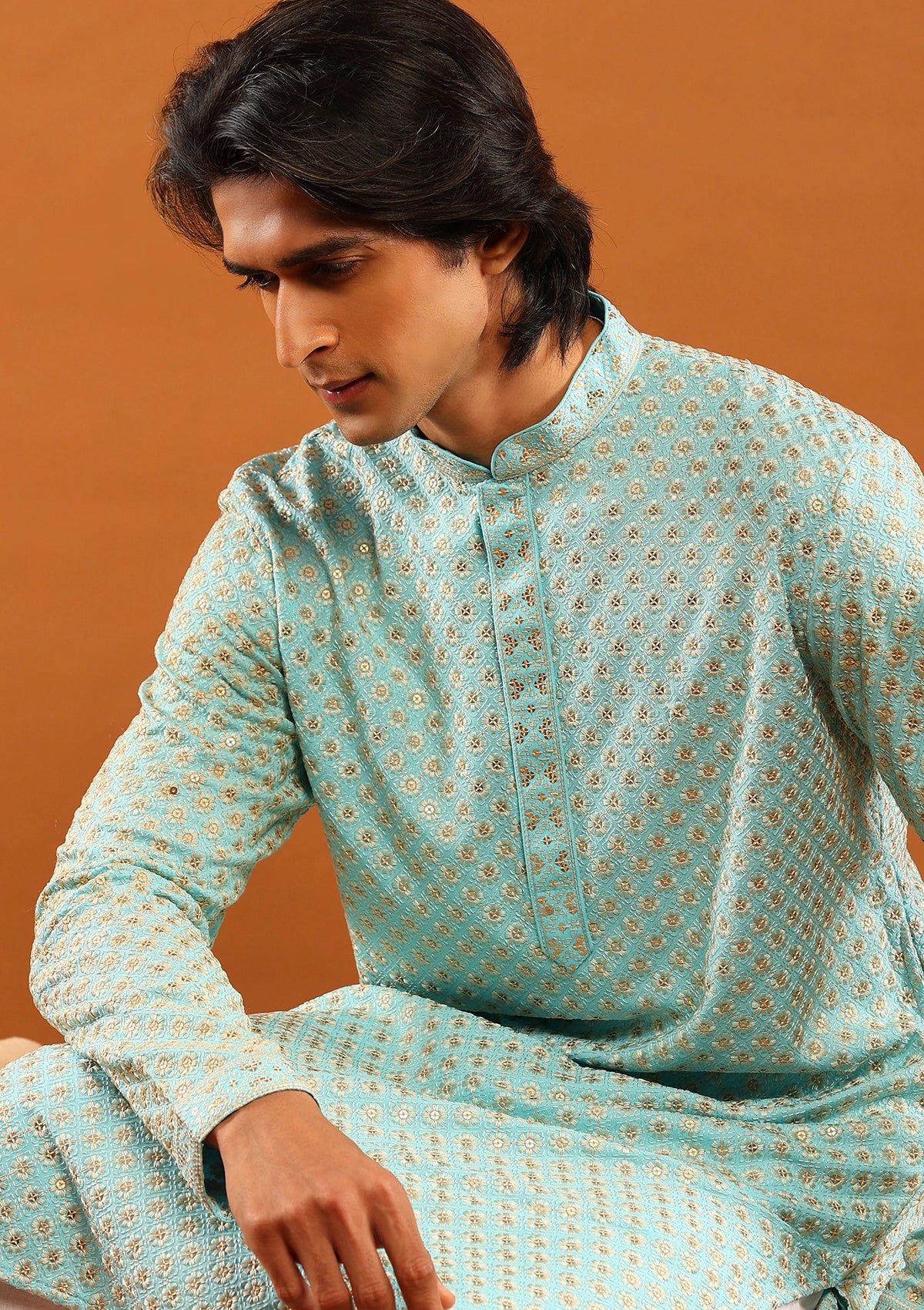 HOC Rayon Embroidered With Sequins Solid Men's Long Kurta- Aqua Blue - Image 4