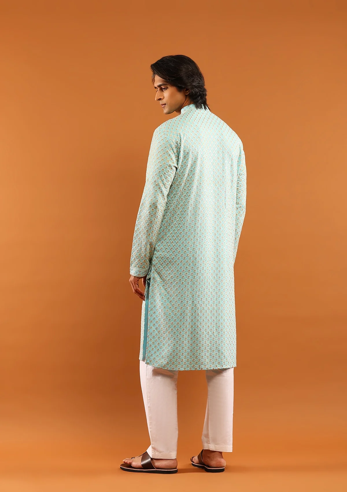 HOC Rayon Embroidered With Sequins Solid Men's Long Kurta- Aqua Blue - Image 5