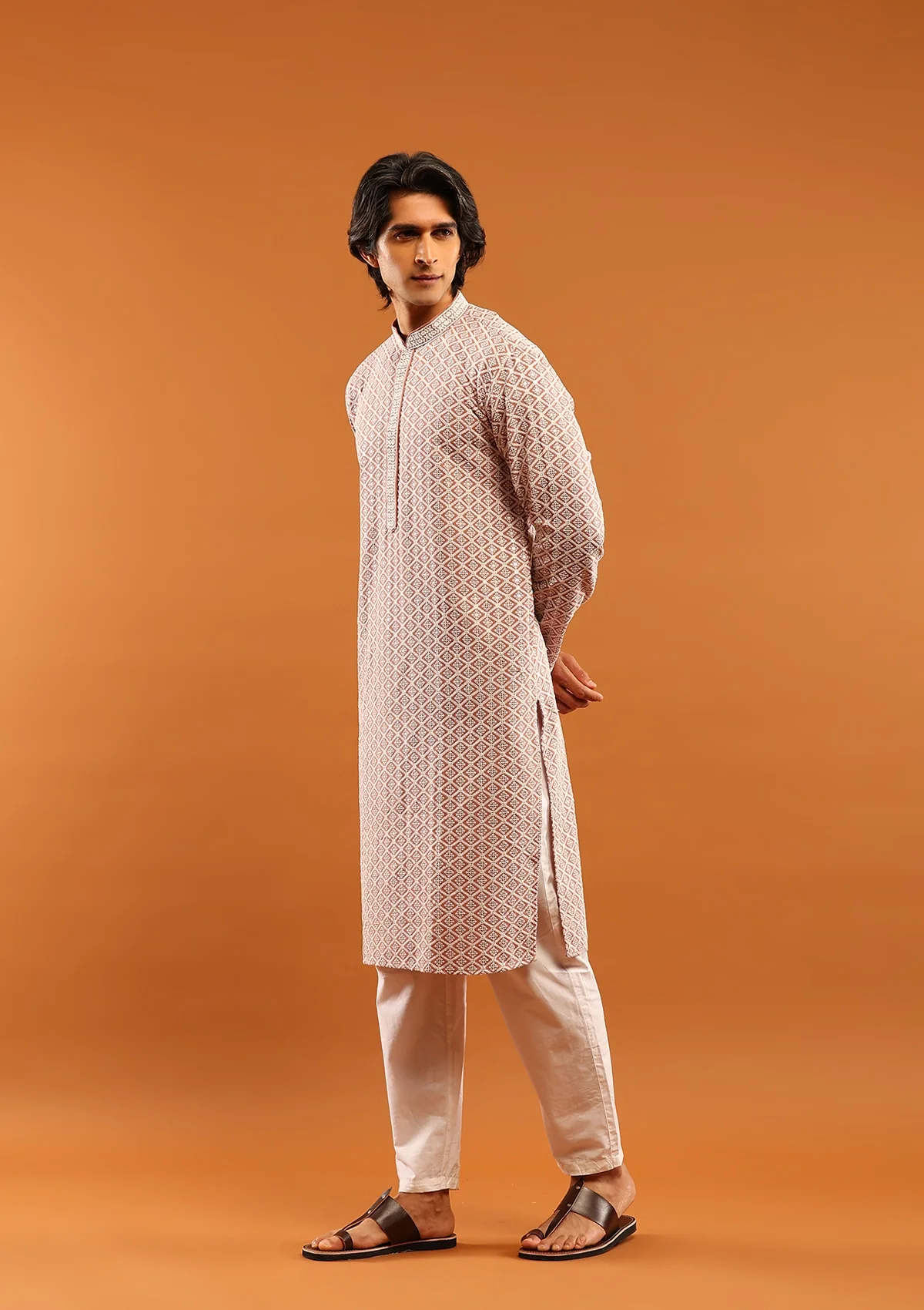 HOC Rayon Embroidered With Sequins Solid Men's Long Kurta- Dusty Pink - Image 2