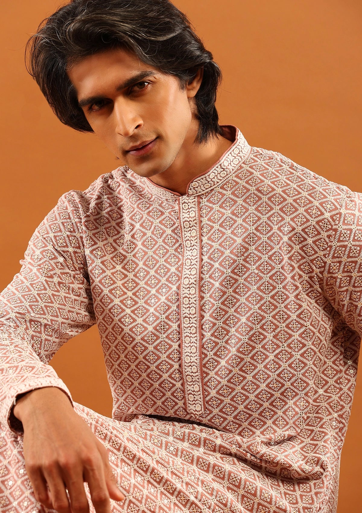 HOC Rayon Embroidered With Sequins Solid Men's Long Kurta- Dusty Pink - Image 3