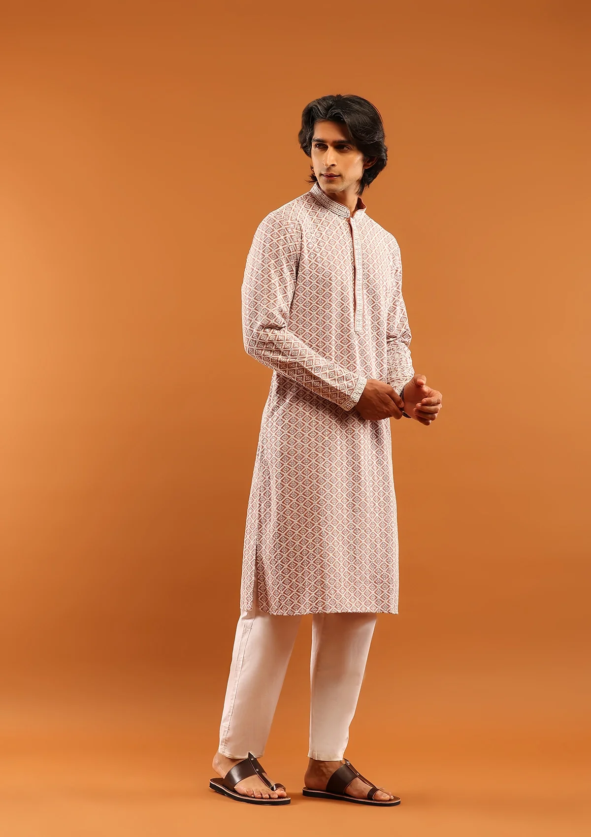 HOC Rayon Embroidered With Sequins Solid Men's Long Kurta- Dusty Pink - Image 4