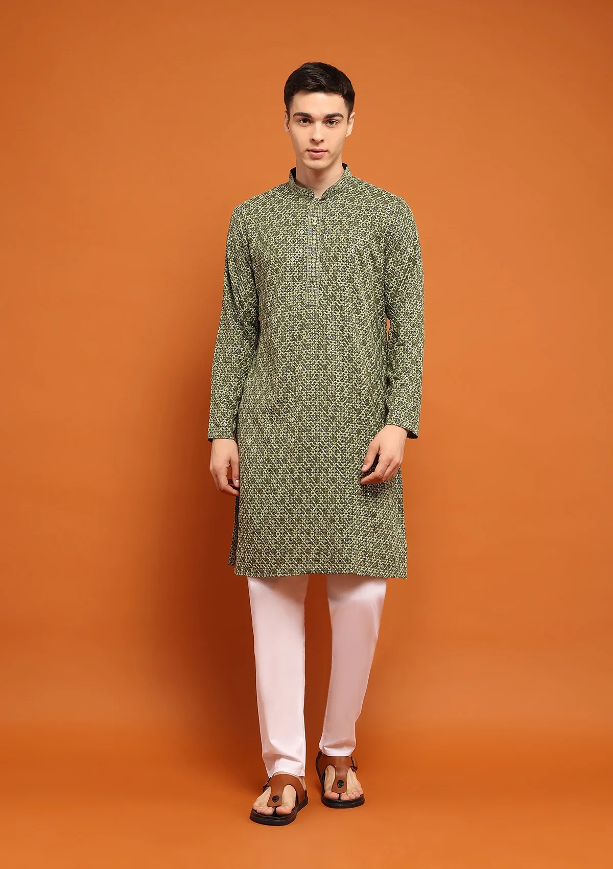 HOC Rayon Embroidered With Sequins Solid Men's Long Kurta- Green