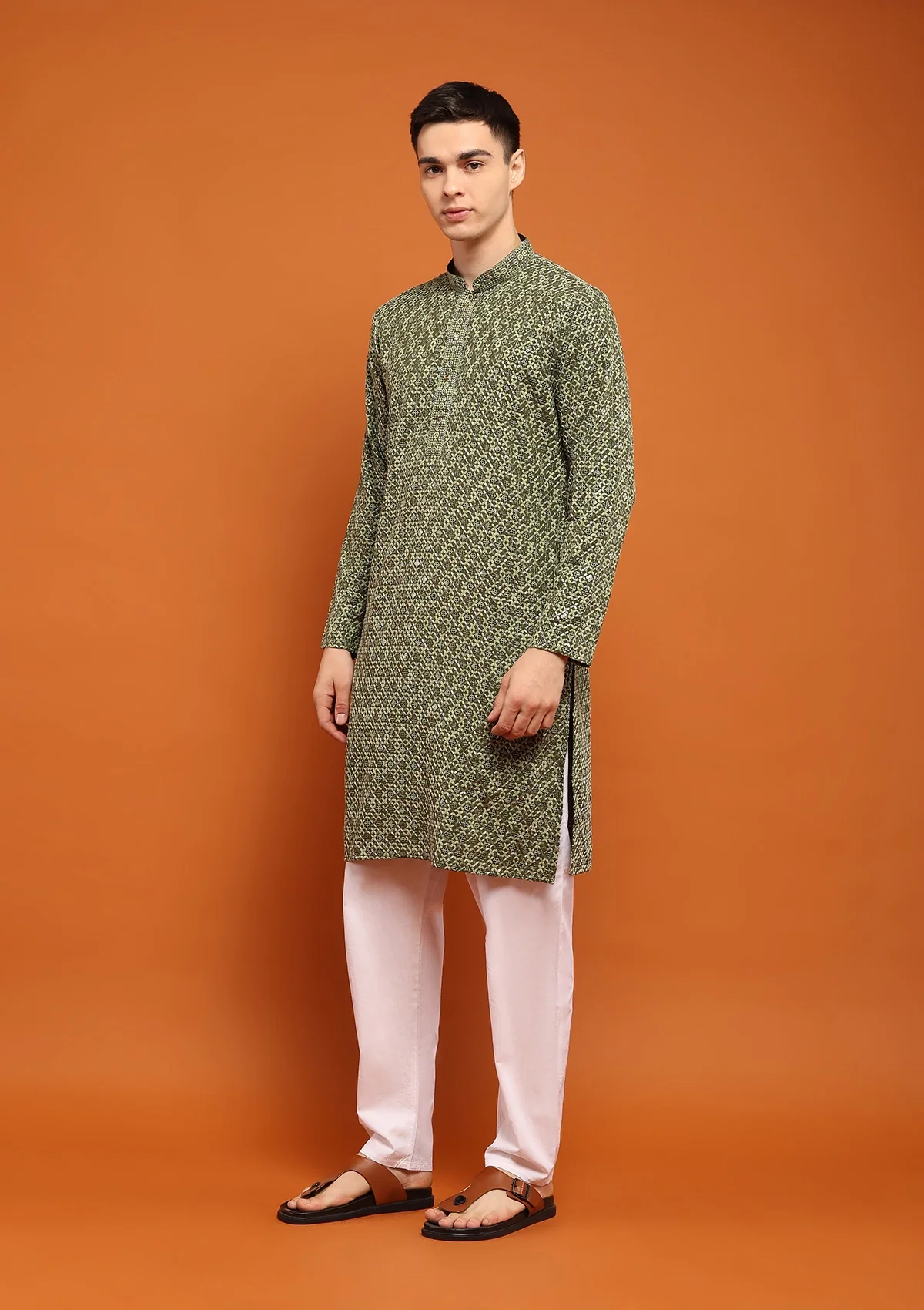 HOC Rayon Embroidered With Sequins Solid Men's Long Kurta- Green - Image 2