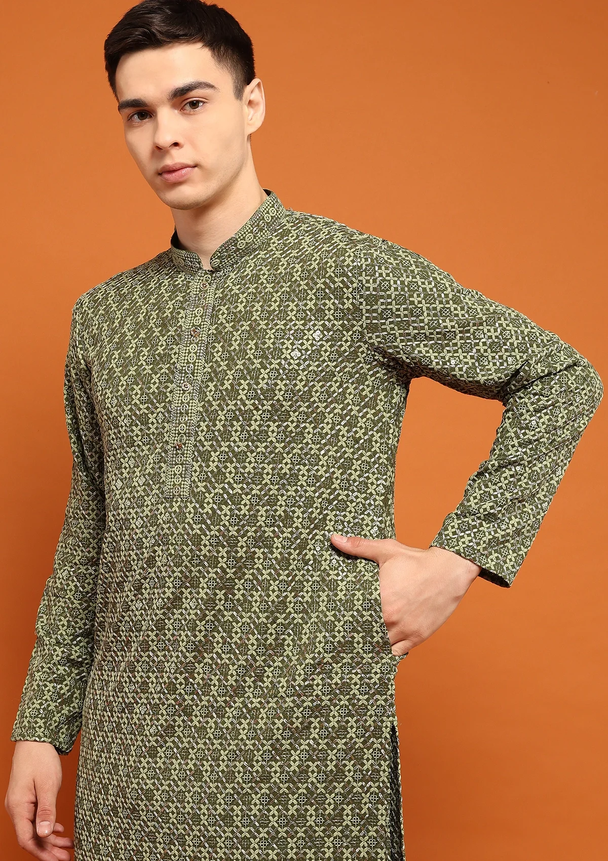 HOC Rayon Embroidered With Sequins Solid Men's Long Kurta- Green - Image 3