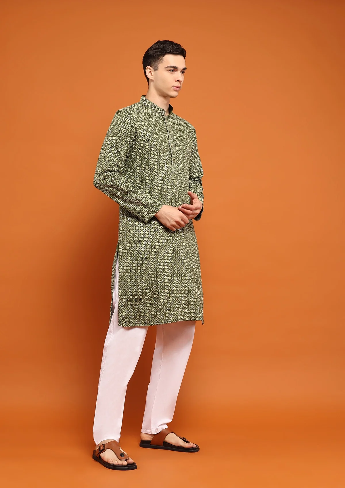 HOC Rayon Embroidered With Sequins Solid Men's Long Kurta- Green - Image 4