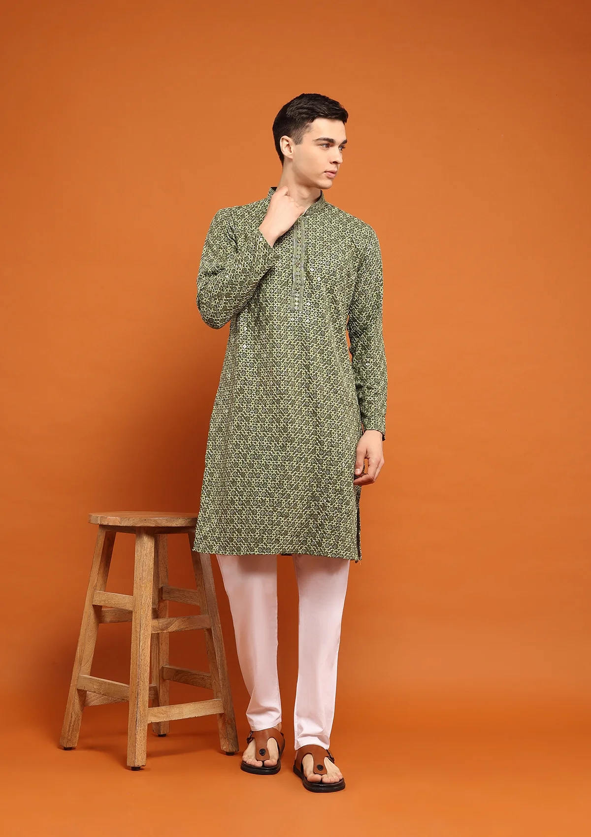 HOC Rayon Embroidered With Sequins Solid Men's Long Kurta- Green - Image 5